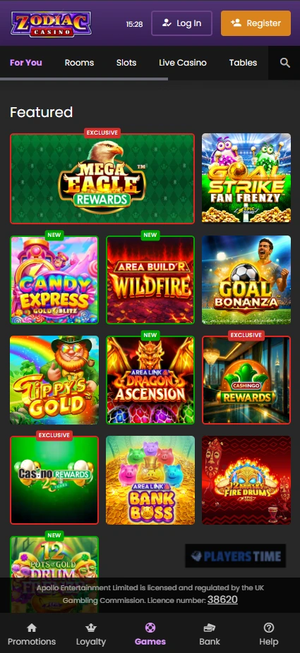 Zodiac Casino UK mobile lobby displayed in a smartphone browser