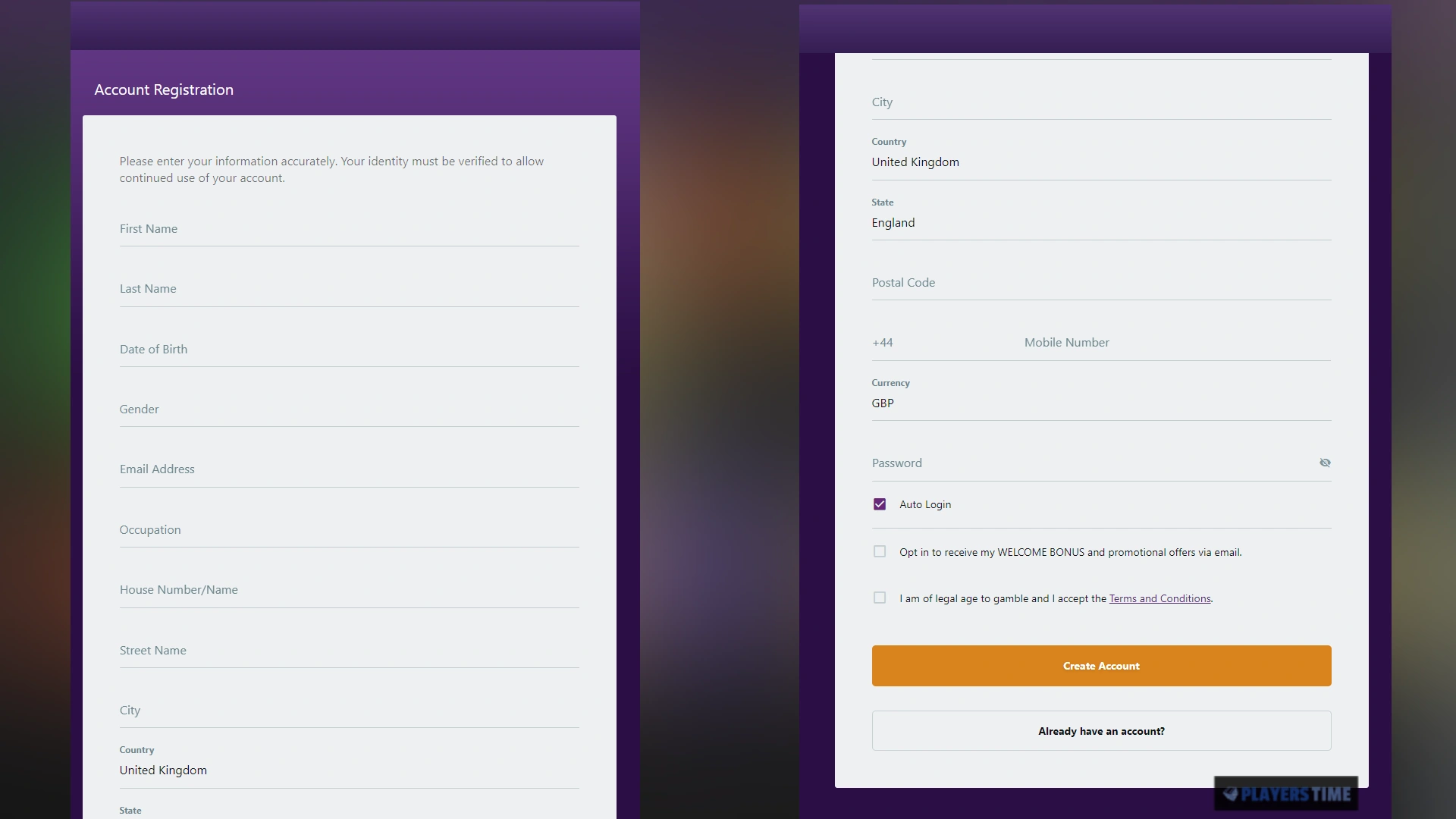 Zodiac Casino UK registration form showing the information requested from new players